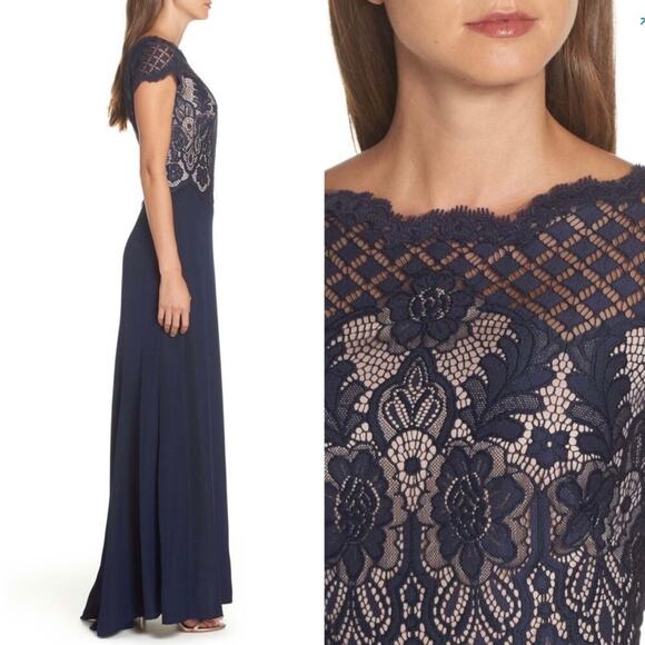 Tadashi Shoji Lace Crepe A-Line Sheath Maxi Dress Gown Navy - Picture 3 of 16